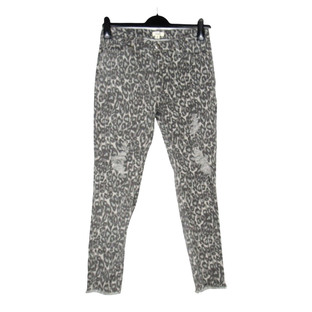 EASEL Gray/Cream LEOPARD PRINT Destroyed Detail FRAYED HEM Skinny Jeans Sz L